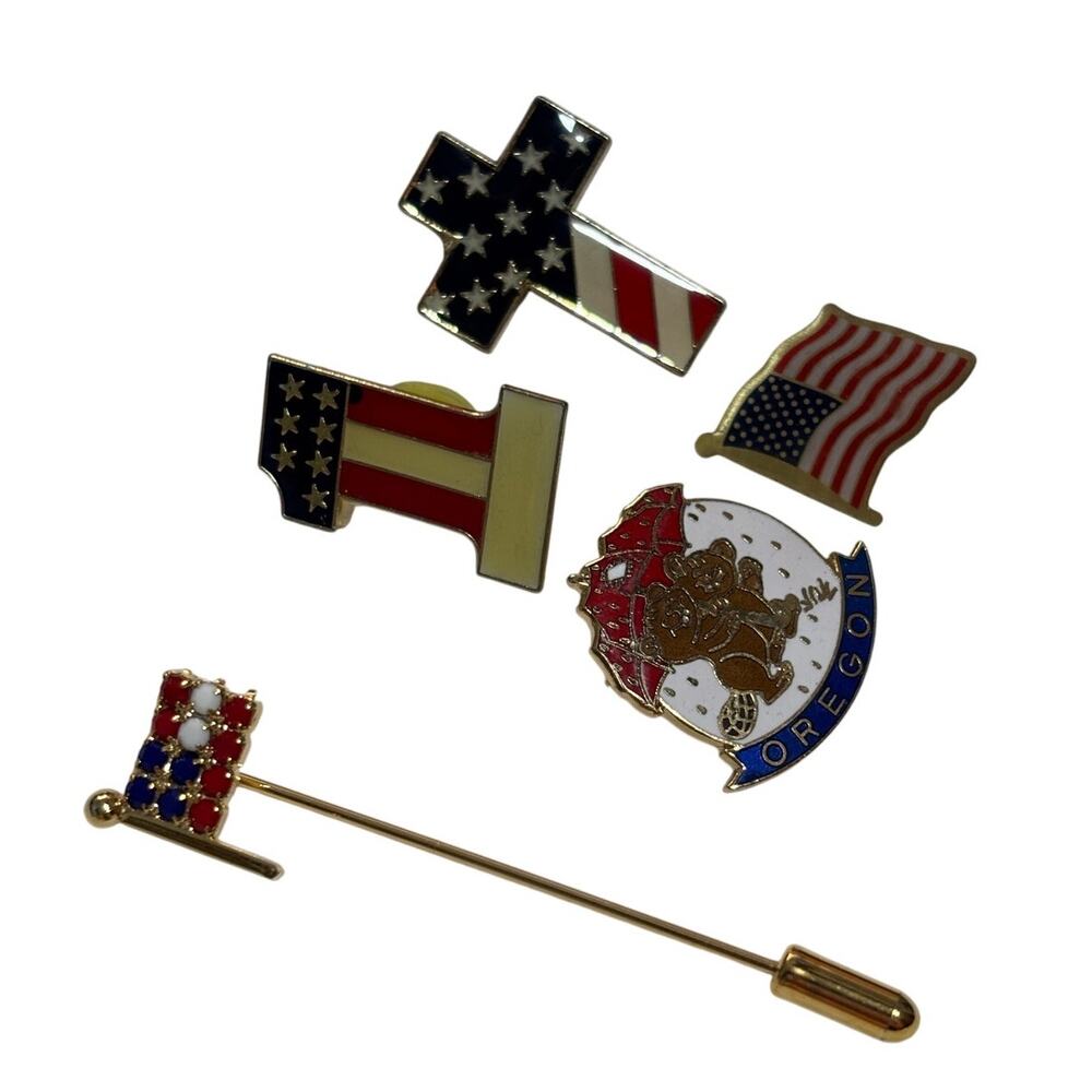 5 American Flag Oregon Hat Lapel Rhinestone Brooch Cross Pins Patriotic July Red